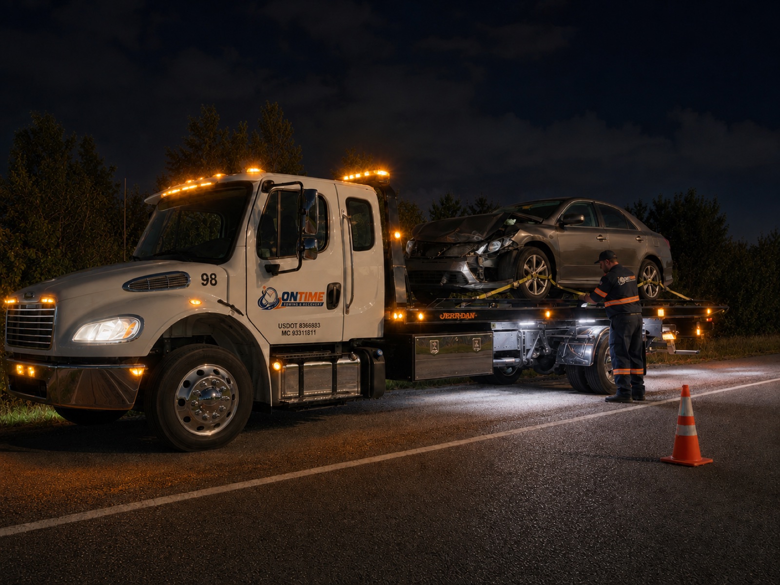 ONTIME Freightliner transporting a damaged vehicle at night with amber strobes and work lights illuminated