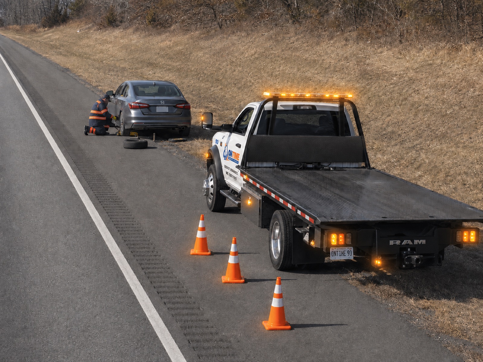 ONTIME operator changing a tire while an amber-strobe-equipped rollback protects the roadside work area
