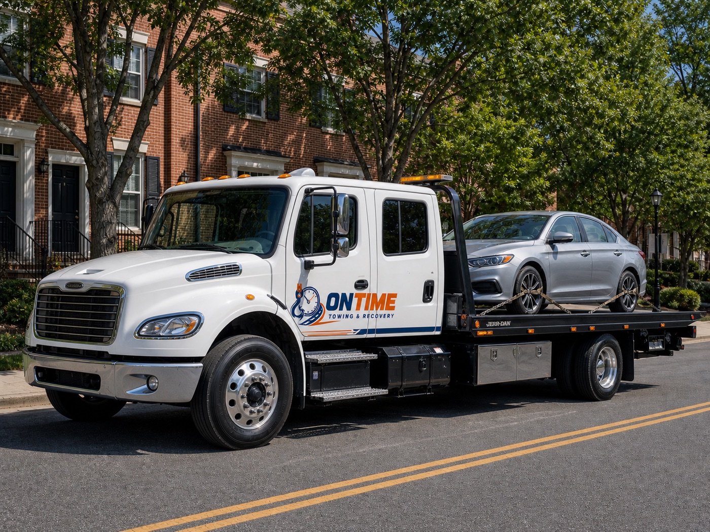 White ONTIME rollback transporting a disabled vehicle to its authorized destination