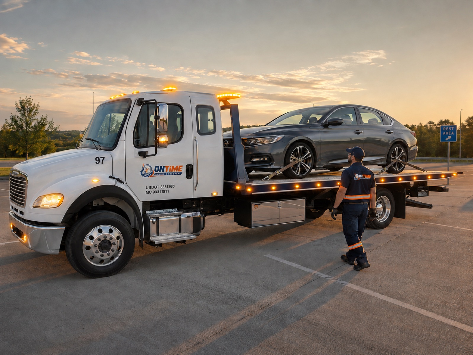 White ONTIME Freightliner rollback transporting a secured sedan with amber strobes illuminated